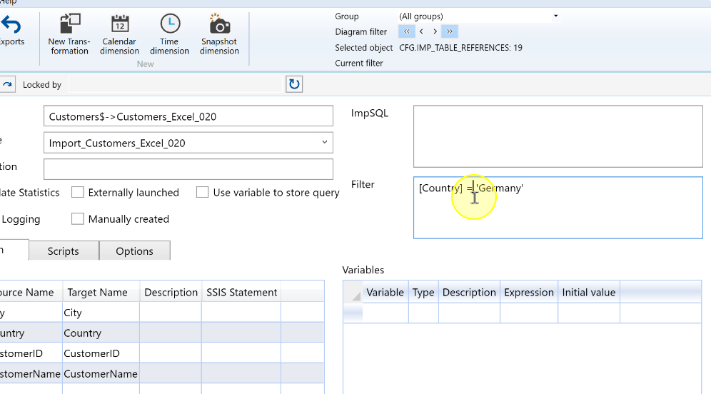 The import Filter field contains the example expression [Country] = 'Germany'