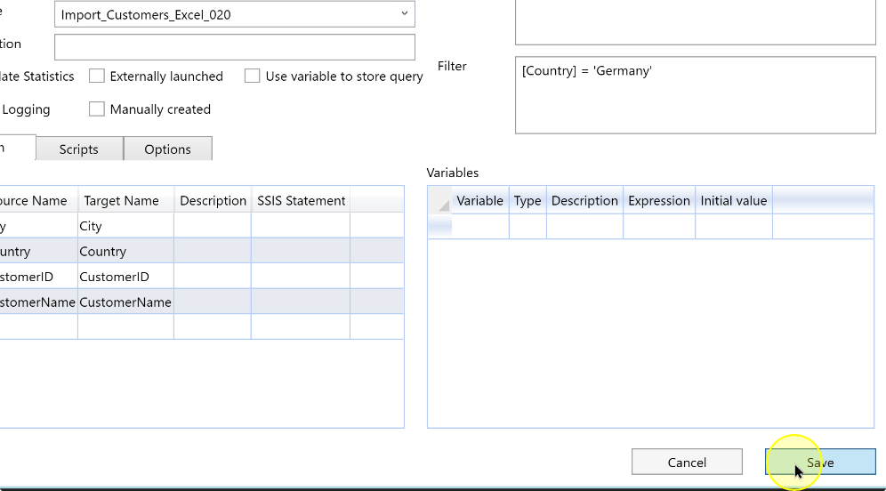 The Save control in the import package editor