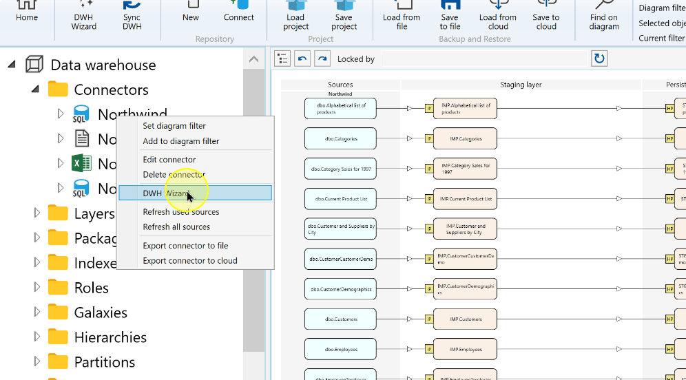 DWH Wizard in the connector context menu