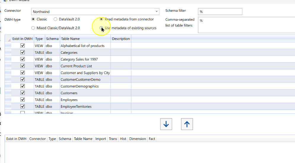 The DWH Wizard metadata source options