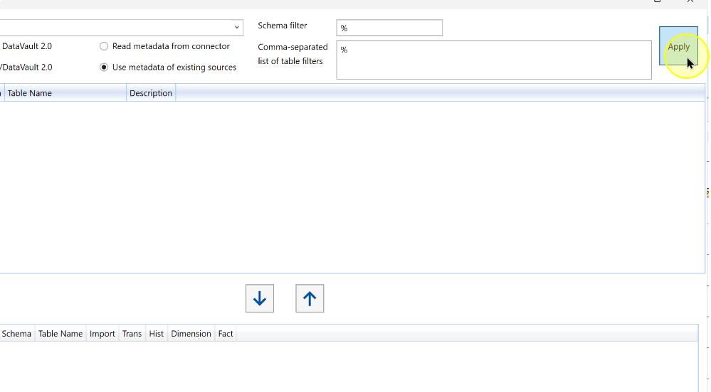 Apply refreshes the source-object list using the selected metadata settings