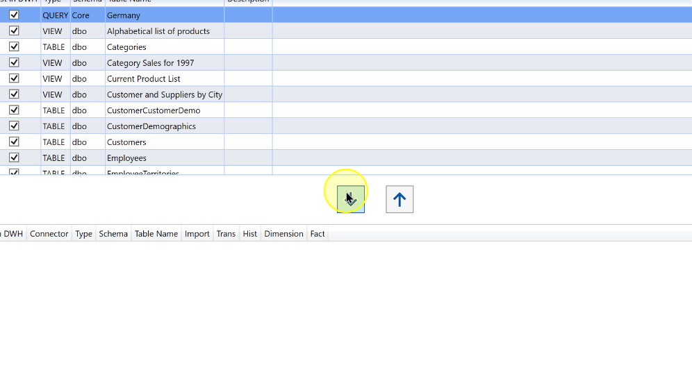 The down-arrow control adds the selected source object to the configuration list