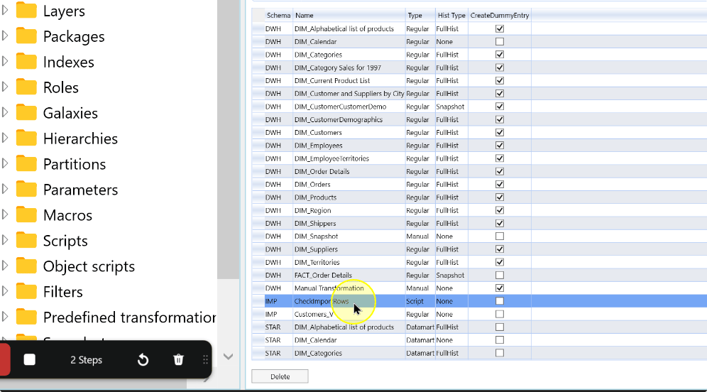The CheckImportRows script transformation selected in the list