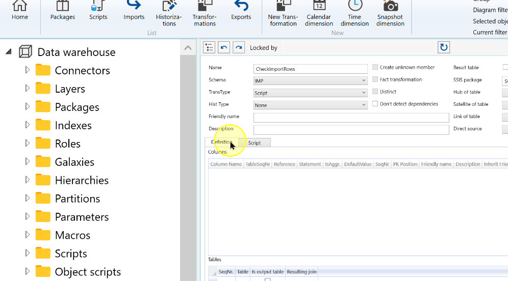 The Definition tab of the script transformation editor