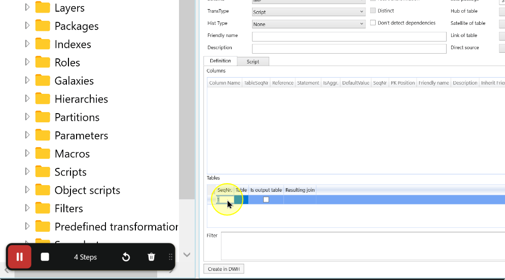 The Tables grid in the transformation definition