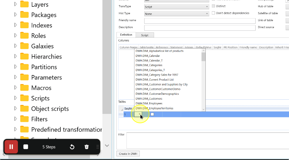 Available table references in the Tables grid selector