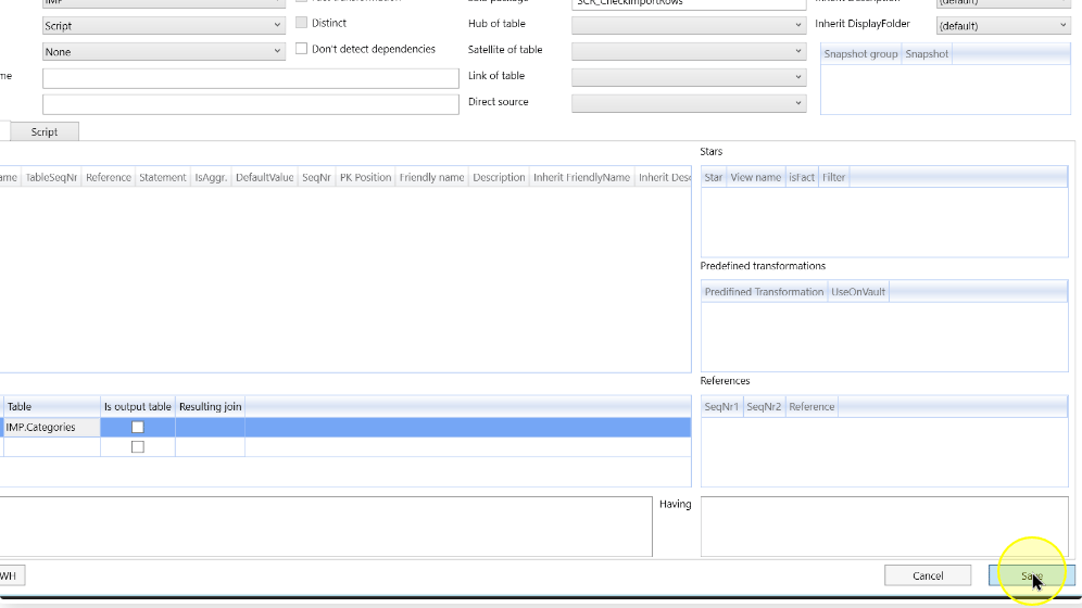 The transformation definition with its table reference and Save control