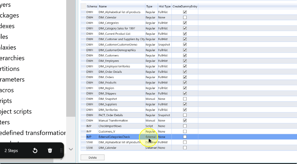 The ExternalCategoriesCheck external transformation selected in the list