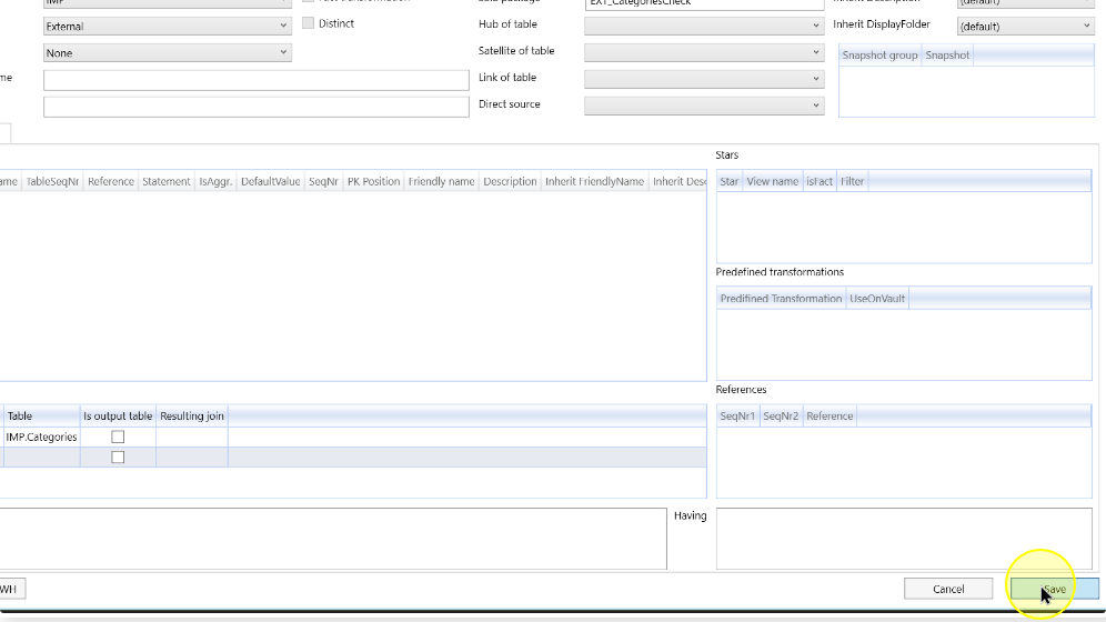 The external transformation definition showing its table reference and Save control