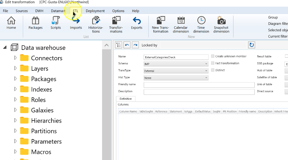 The ETL ribbon above the external transformation editor