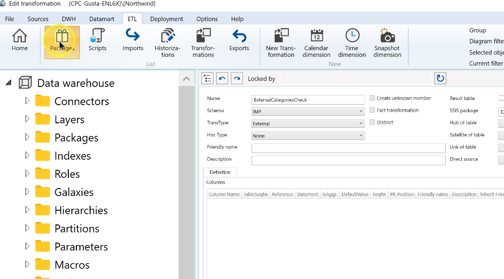 The Packages command on the ETL ribbon