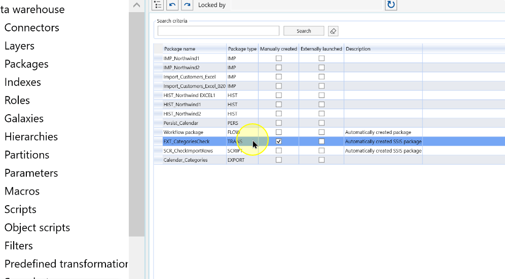 The external transformation package selected in the Packages list