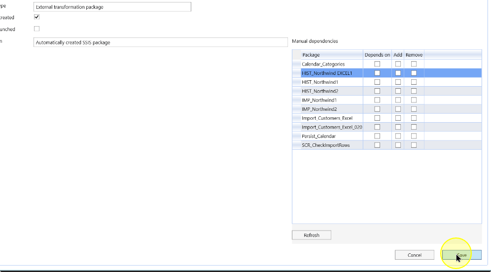 The package dependency settings and Save control