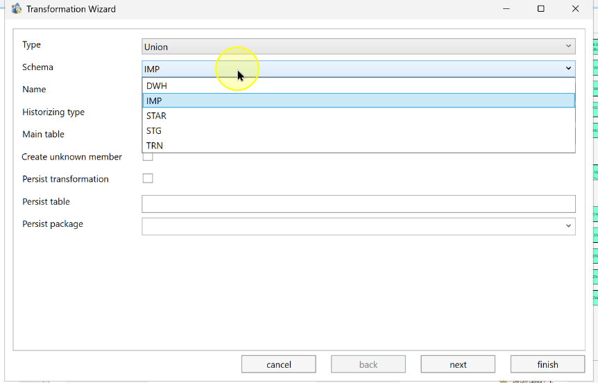 The schema selector in the Transformation Wizard