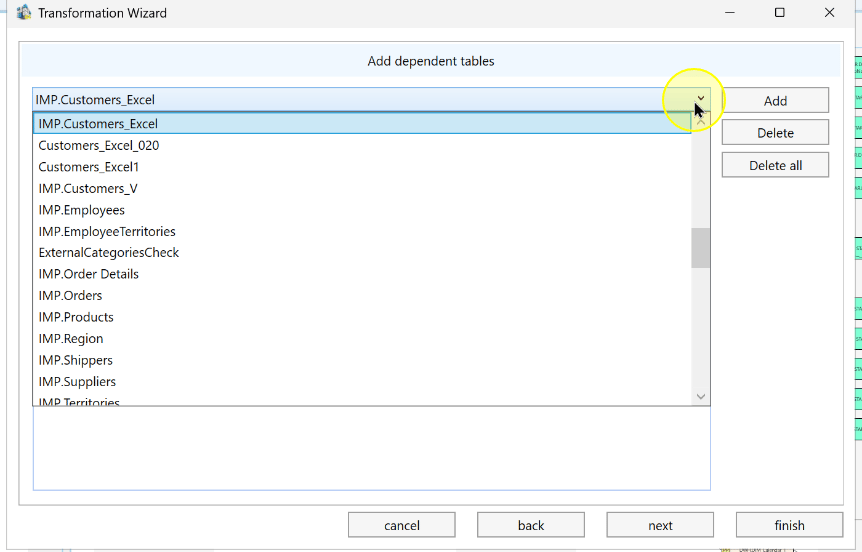 The dependent-table selector in the Transformation Wizard