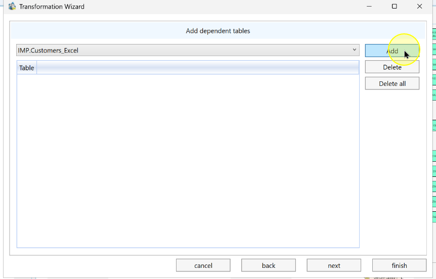 The Add control beside the selected dependent table