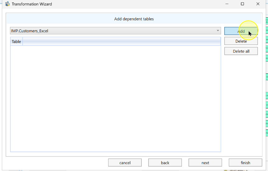 The dependent-table selection area and Add control