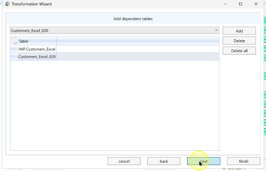 Two input tables listed before continuing through the wizard