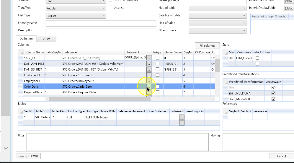 The OrderDate column selected in the transformation Definition grid