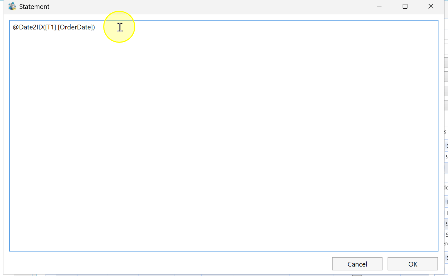 The Statement dialog containing a calendar macro around the OrderDate reference