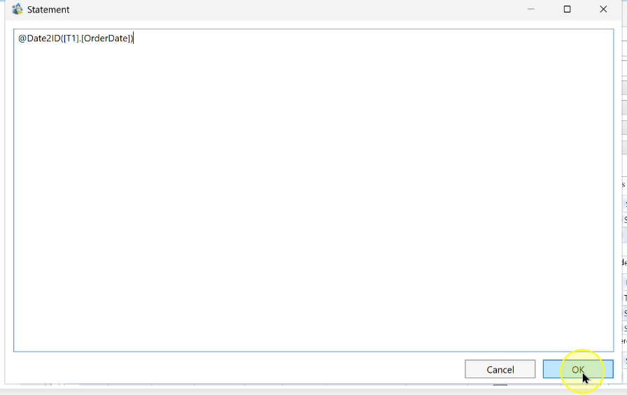 The calendar expression in the Statement dialog with its OK control