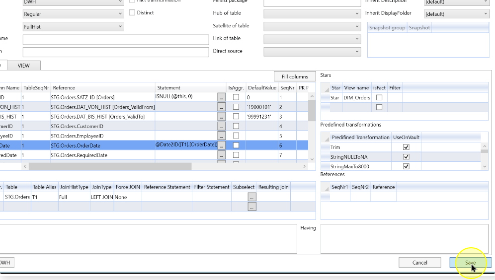 The column expression in the transformation definition and its Save control