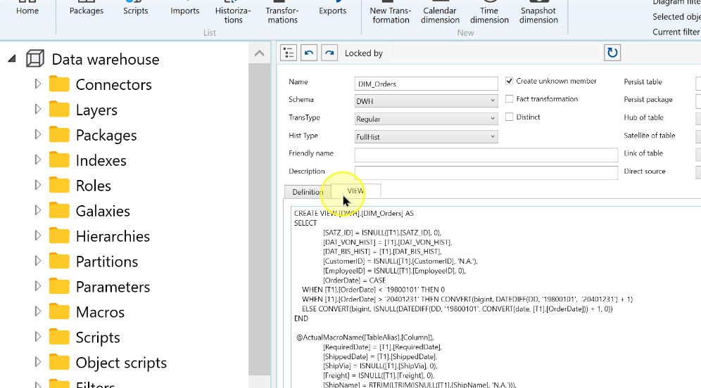 VIEW tab showing transformation SQL; the displayed macro placeholder requires review
