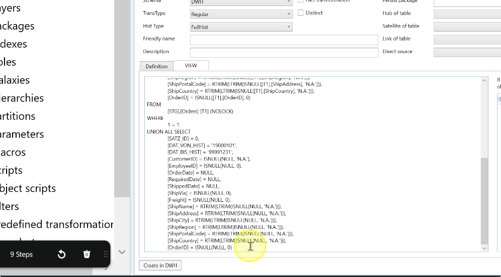 The lower portion of example transformation SQL in the VIEW tab