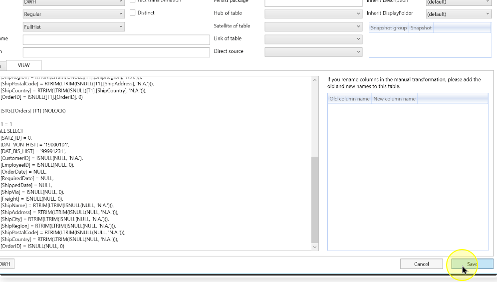 The VIEW tab and Save control during review of the example transformation SQL
