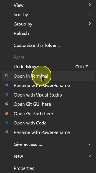 Open in Terminal in the File Explorer context menu