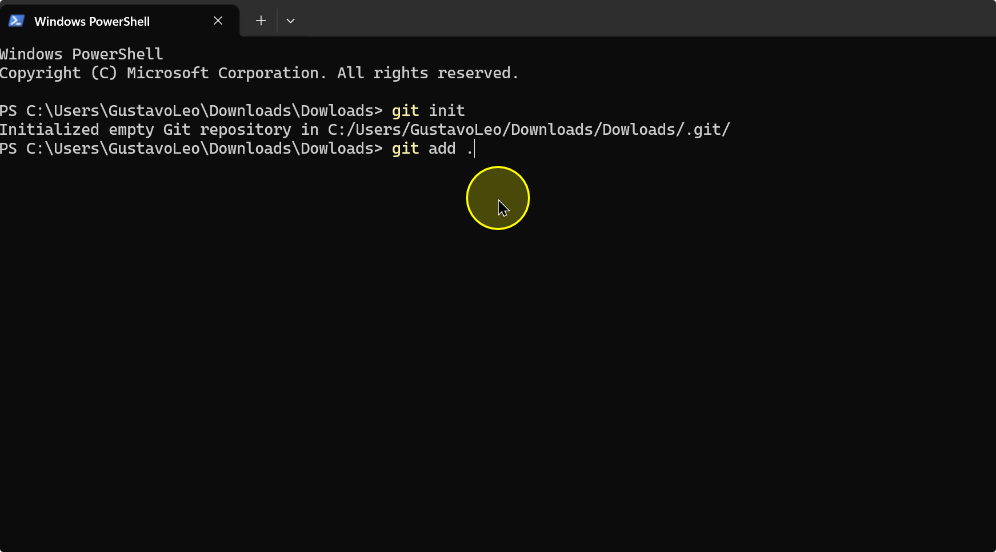 The initialized Git repository with git add entered at the prompt