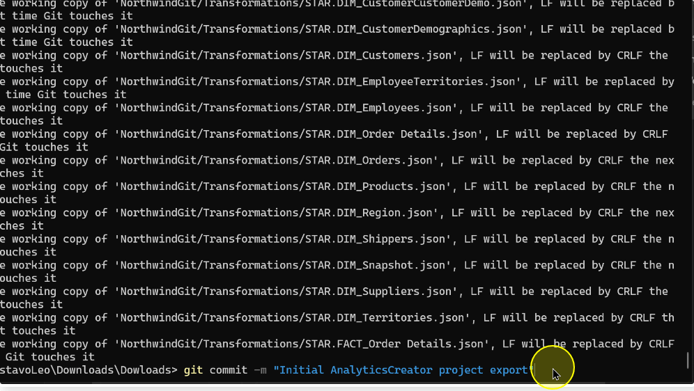 The git commit command entered after staging the project files