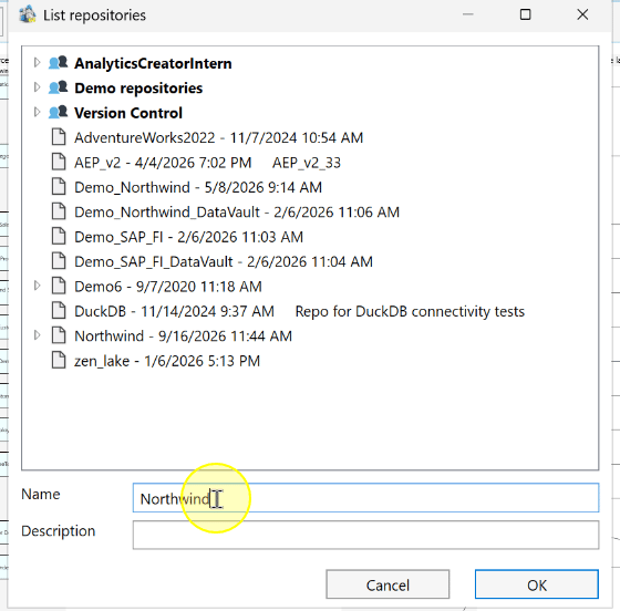 Save workflow: the repository Name field in List repositories