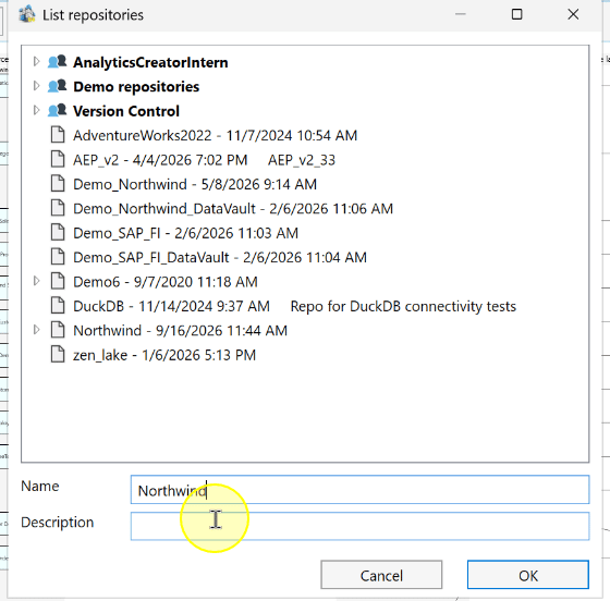Save workflow: the optional Description field in List repositories