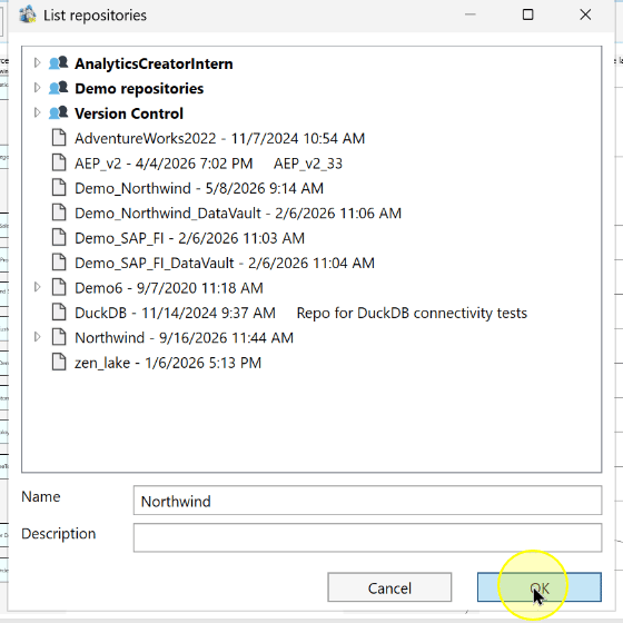 Save workflow: the OK control in List repositories