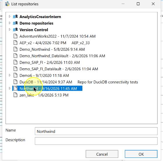 Load workflow: the cloud repository entry selected in List repositories