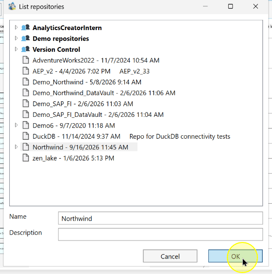 Load workflow: the OK control for the selected cloud repository