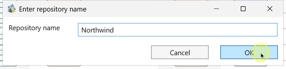 Load workflow: the OK control in the repository name confirmation dialog