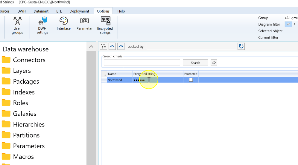 The encrypted-string value is masked in the value cell