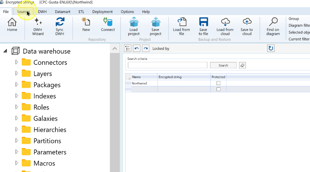 The Sources tab provides access to connector settings
