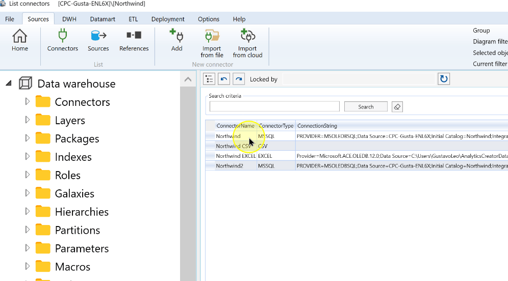 Select the connector to edit; Northwind is shown in this example
