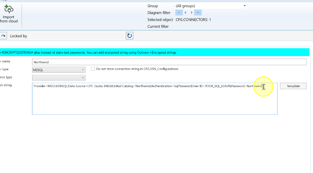 The connector editor displays an encrypted-string syntax reminder above the connection-string field