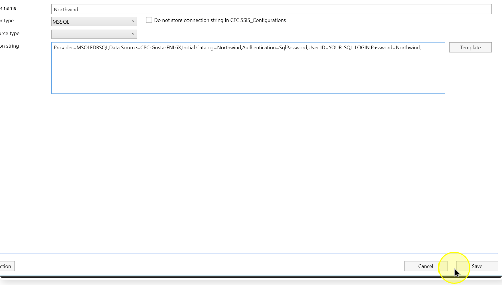 The connector editor provides a Save button below the connection string