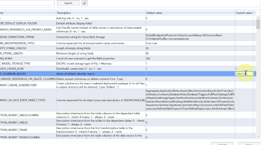 Enter the custom value in the selected parameter row
