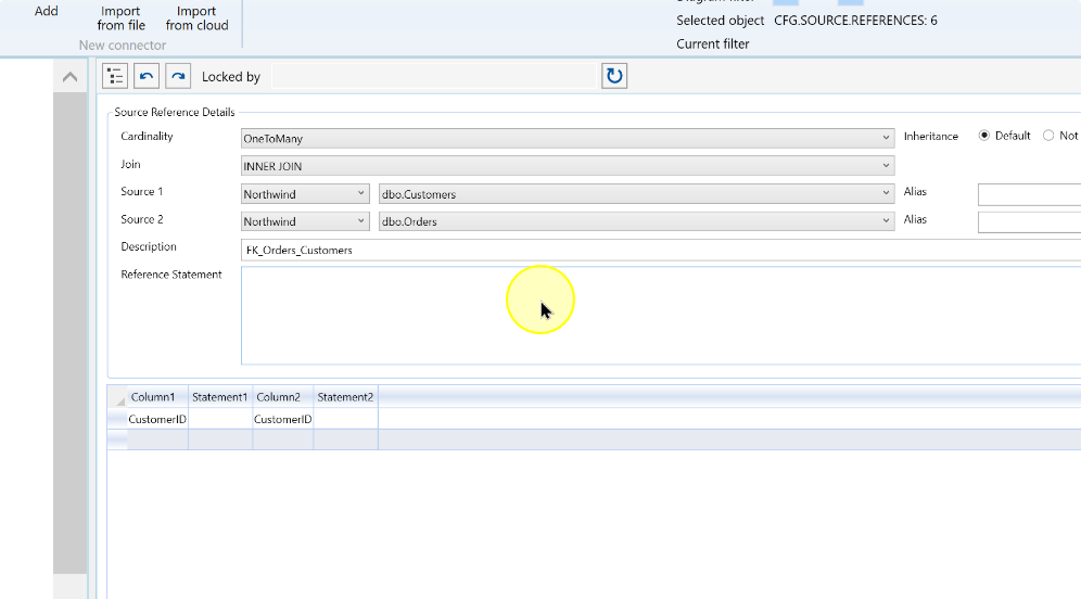 The source-reference editor shows the two sources, column mapping, and reference-statement area