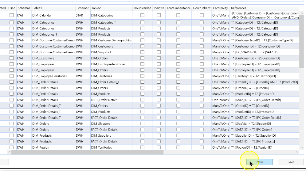 Choose New in the table-reference list