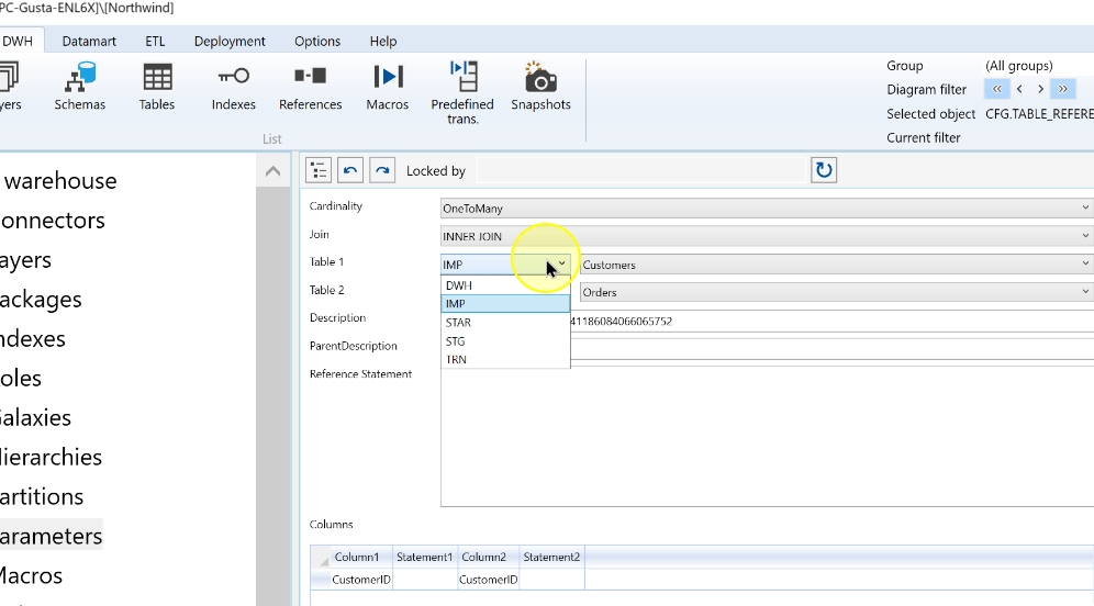 The table-reference editor exposes the participating-table controls