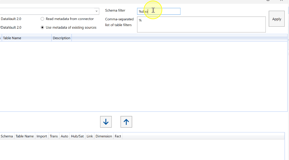Enter the schema filter