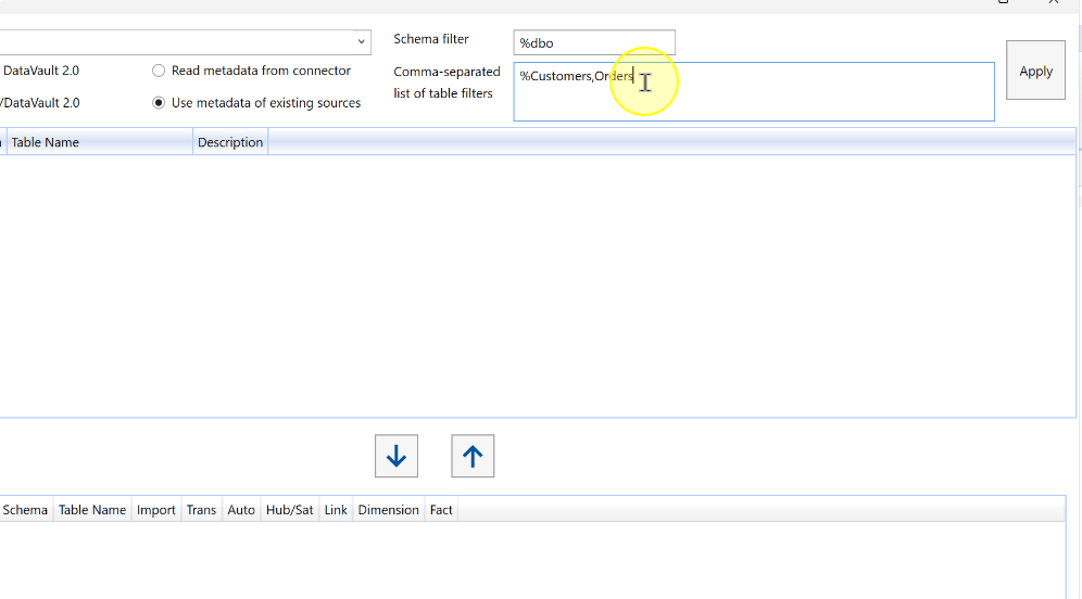 Enter the table filters for the required objects