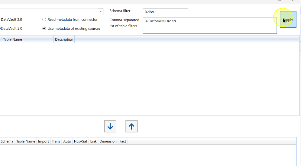 Apply the schema and table filters
